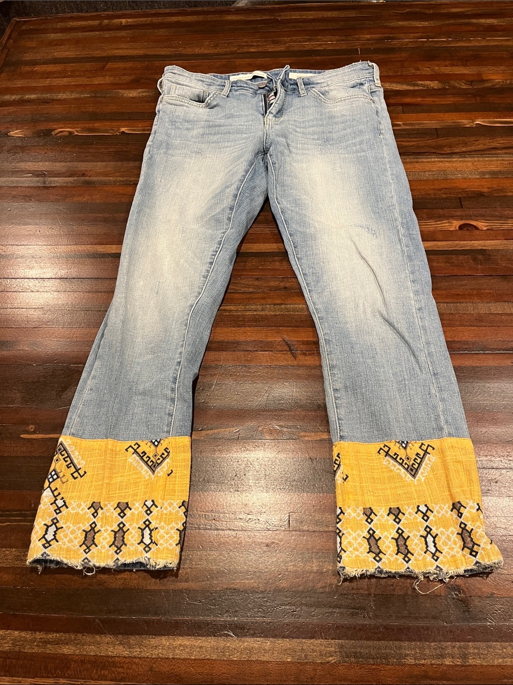 Pilcro and the Letterpress Light Wash Flare Jeans with Yellow Embroidered Cuff